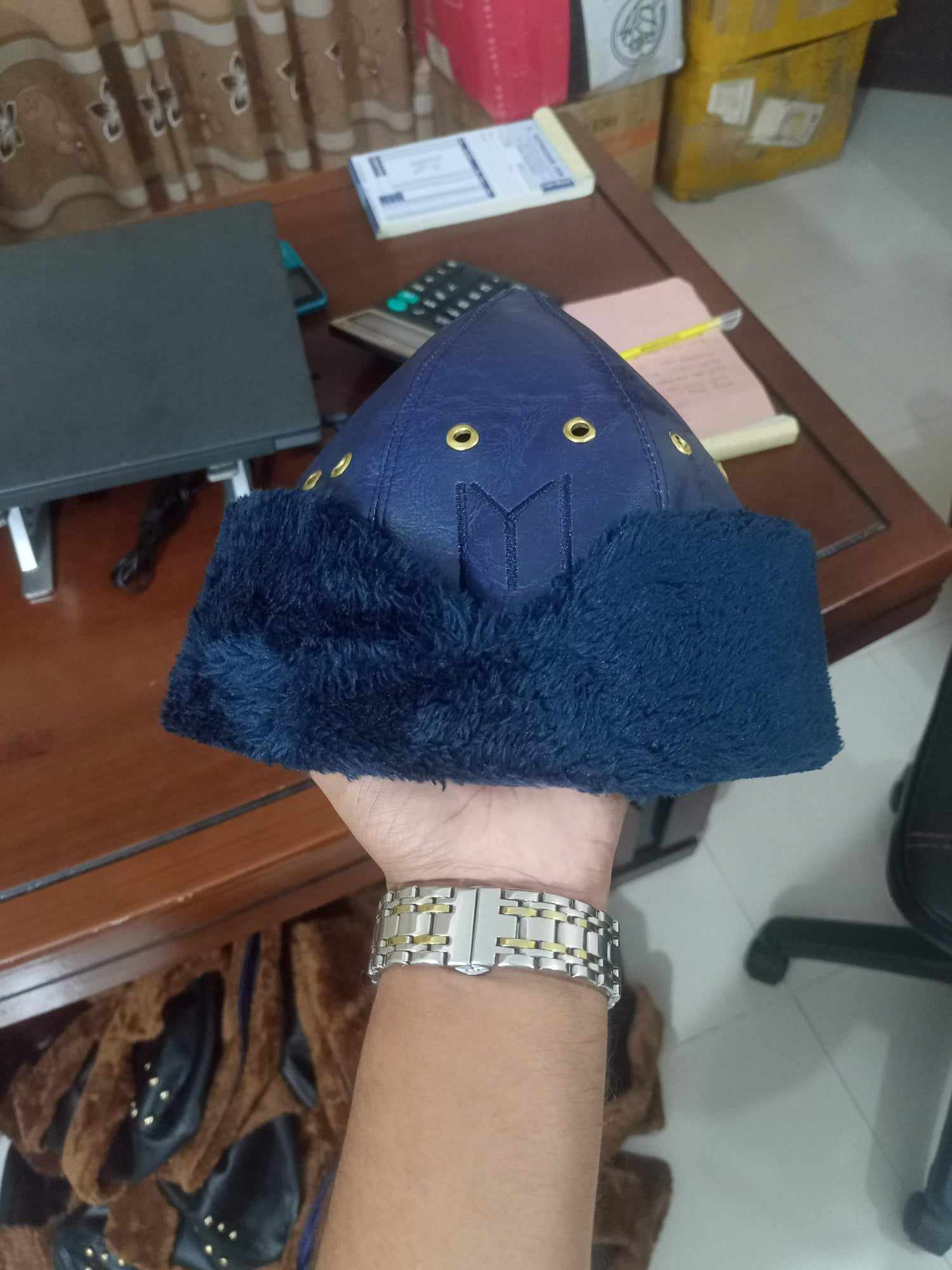 Artificial Leather Kayi Cap ( Navy Blue Withot Stone )