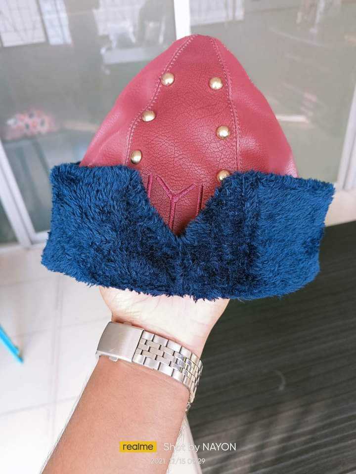 Artificial Leather Kayi Cap ( Red+ Navy Blue With Stone )